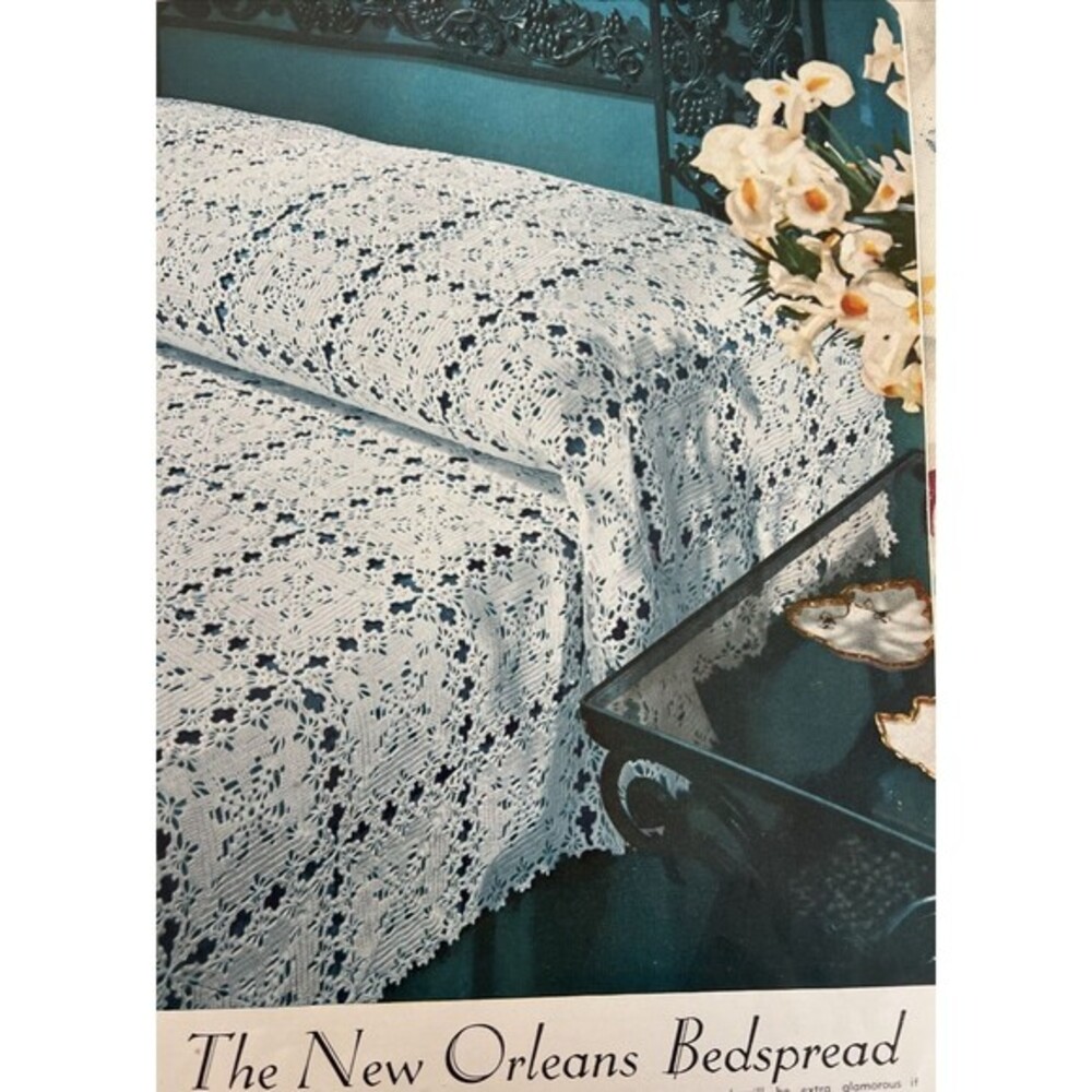 1940's Mid-Century Crochet Pattern Irish Lace New Orleans Bedspread 69x109"